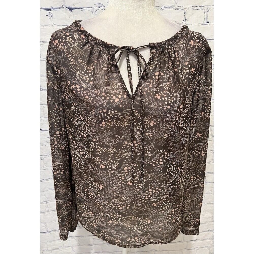 LOFT Brown Floral Long Sleeve Semi Sheer Blouse Boho Fairy Cottage Size Small